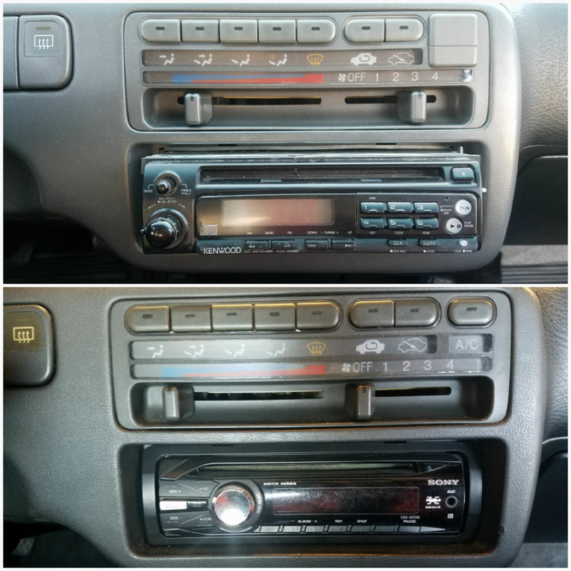 old and busted stereo, blocked off A/C button. SLIGHTLY less old, far leas busted stereo, and A/C button